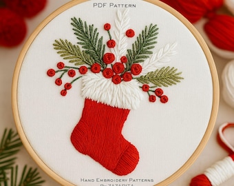 Christmas Stocking Hand Embroidery Pattern – Festive Red Stocking with Pine Branches & Berries – Holiday PDF Template for Hoop Art