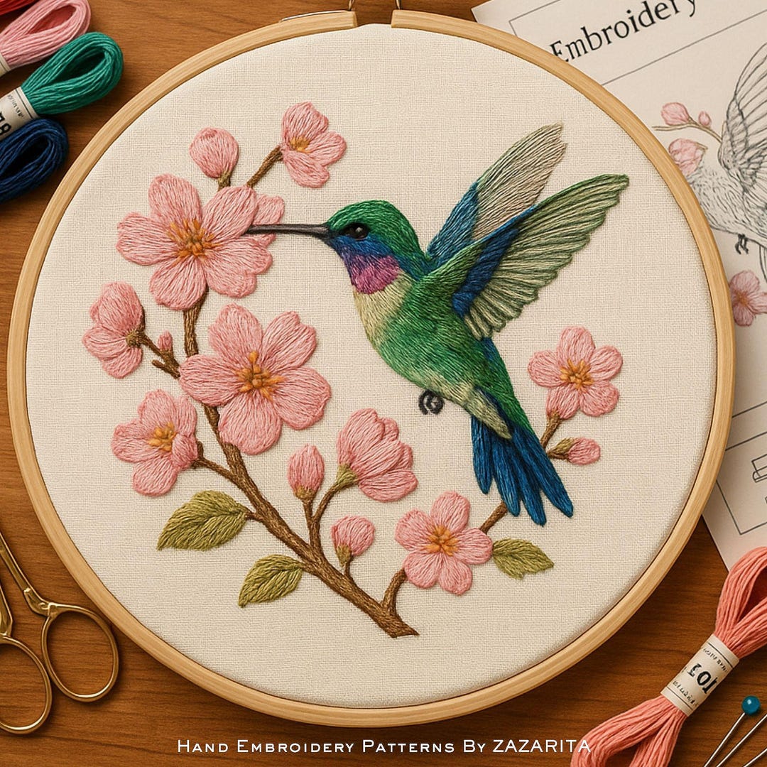 Hummingbird & Cherry Blossoms Hand Embroidery PDF Pattern – Floral ...