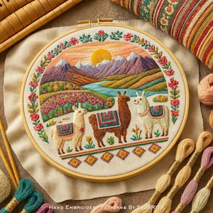 May include: A hand-embroidered hoop art piece featuring a mountain landscape with a river, sun, and three llamas. The embroidery uses various colors, including pink, green, and brown, and is framed in a wooden hoop. The text "HAND EMBROIDERY PATTERNS BY ZARITA" is at the bottom.