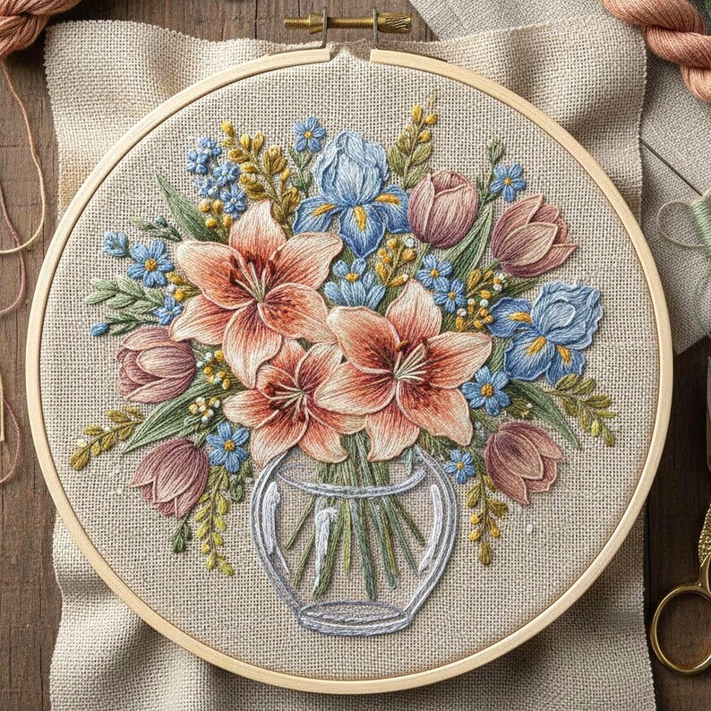 Vintage Floral Bouquet Embroidery Pattern – Glass Vase Flower Design ...