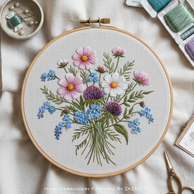 Wildflower Bouquet Hand Embroidery Pattern – PDF Floral Design With DMC ...