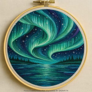 オーロラの手刺繍パターン | PDF DMCカラーを使用したモダンな風景画