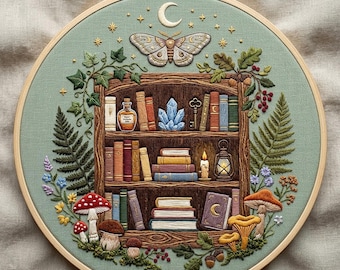Mystical Bookshelf Hand Embroidery Pattern, Enchanted Library Woodland Hoop Art, Digital Download