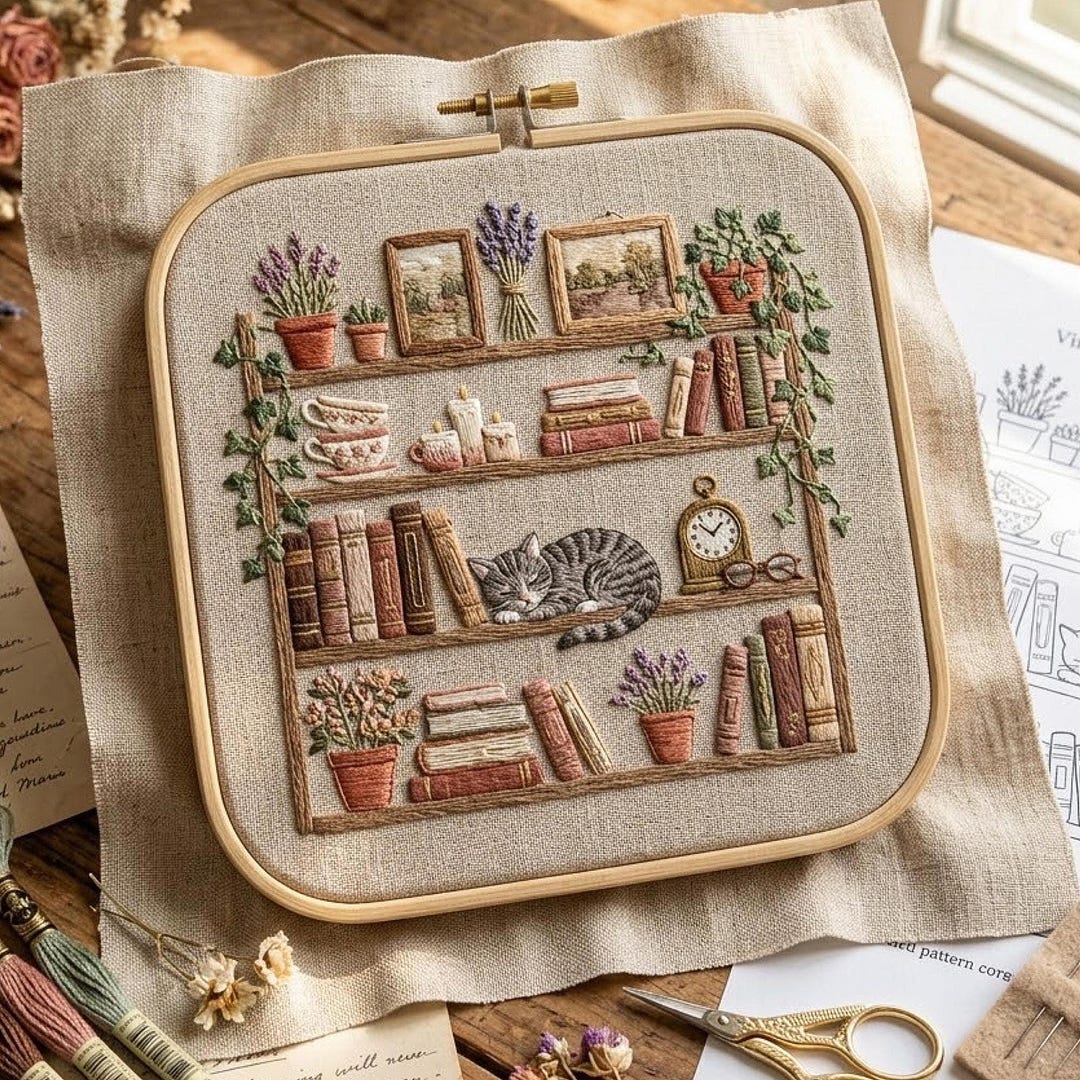 Cozy Bookshelf Embroidery Pattern, Sleeping Cat, Cottagecore Library ...