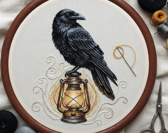 Raven and Lantern Hand Embroidery Pattern: Modern PDF Hoop Art with DMC Colors