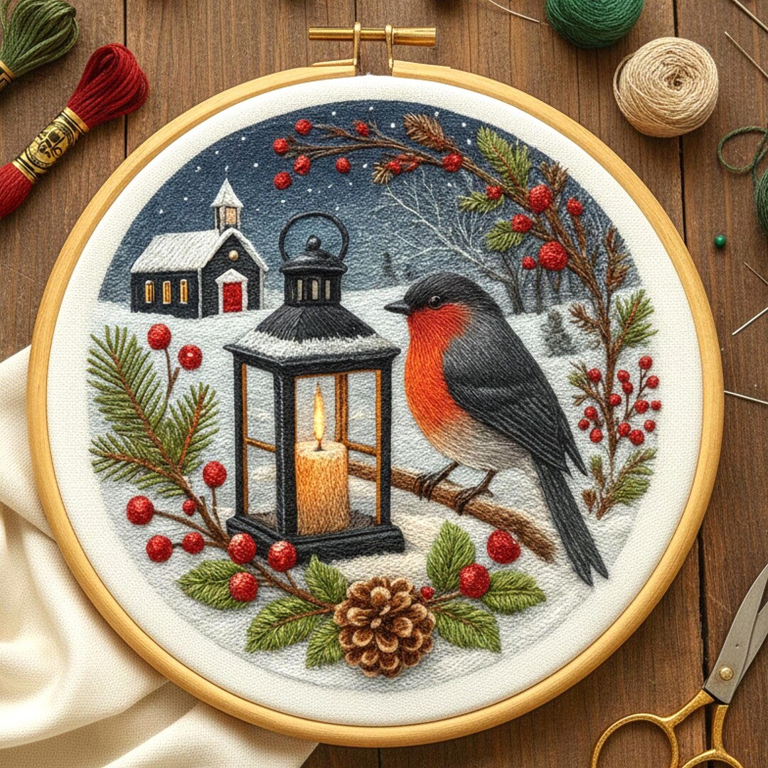 Robin Embroidery Pattern Winter Robin Embroidery Pattern • Christmas Lantern PDF Design - Etsy