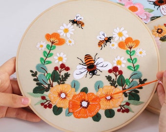 Embroidery kits for beginners, Bee embroidery kit, floral embroidery kits, Bees embroidery pattern, needlepoint kits, diy gift for mom