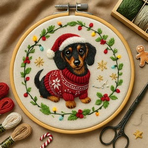 May include: Embroidered hoop art showing a dachshund puppy in a Santa hat and a red sweater with a snowflake pattern. The embroidery is encircled by a green garland with berries and lights, ideal for festive decorations.