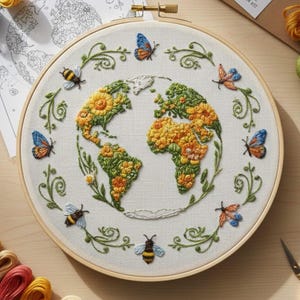 Pode incluir: Arte de bordado em bastidor com um design floral do globo. Os continentes são amarelos e verdes, rodeados por borboletas e abelhas. O bordado está num bastidor de madeira sobre tecido branco.