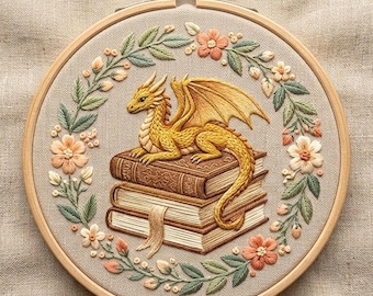 Dragon Embroidery Pattern, Floral Wreath Hoop Art, Fantasy Book Design (PDF Download)