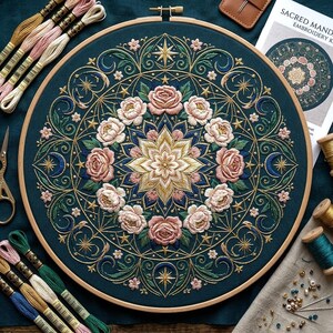 May include: A circular embroidery hoop containing a dark teal fabric with a detailed mandala design. The pattern features a central gold starburst, surrounded by pink roses, green leaves, and gold geometric lines with small stars.