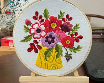 fleurs Kits de broderie, kit de démarrage de broderie de plantes, kit de broderie colorée, motif de broderie florale, kits de point d’aiguille, cadeau d’artisanat de bricolage