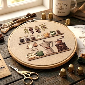 Peut inclure: Broderie sur tambour à thème café avec une cafetière, des tasses et des grains de café dans les tons marron, beige et vert. Des ciseaux dorés, des dés à coudre et du fil à broder sont également visibles, ainsi qu'une tasse avec l'inscription "COZY CAFE BLEND".