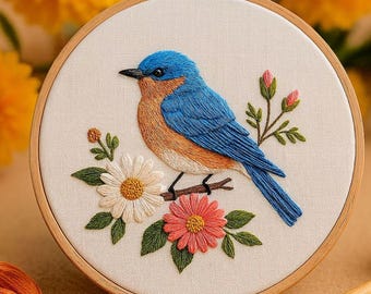 Motivo floreale per ricamo a mano con uccellino azzurro / Design artistico con telaio naturale