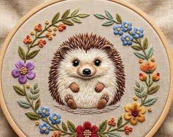 Hedgehog Floral Wreath Embroidery Pattern, Woodland Animal Hoop Art (PDF Download)