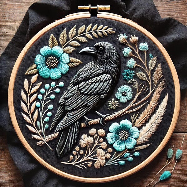 Padrão de Bordado de Corvo Elegante: Artesanato Inspirado na Natureza (PDF Digital)