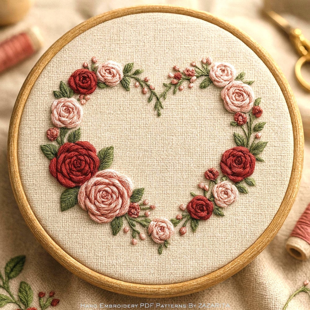 Heart Floral Wreath Embroidery Pattern | Romantic Hand Embroidery PDF ...