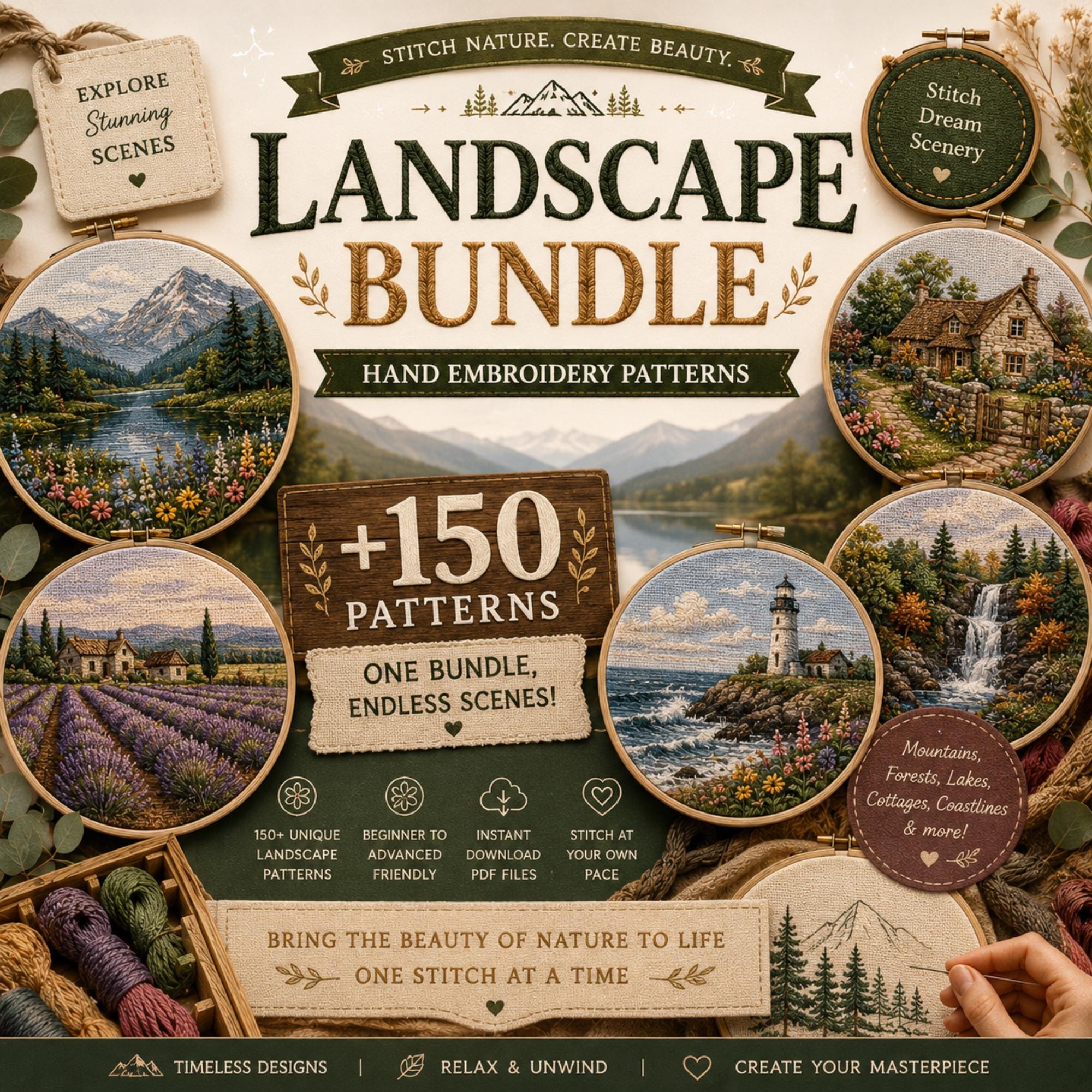 Landscape Embroidery Pattern Bundle: Modern Nature Hoop Art (digital ...