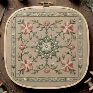 Puede incluir: Diseño floral bordado en un bastidor de madera cuadrado. El diseño presenta flores rosas y melocotón, hojas verdes y un patrón central en forma de estrella, todo sobre un fondo de tela beige. El bordado es detallado e intrincado, mostrando una estética artesanal.