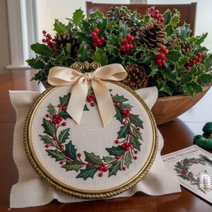 Könnte beinhalten: Ein festlicher Weihnachts-Stickrahmen mit einem Stechpalmenkranz mit roten Beeren und grünen Blättern auf cremefarbenem Stoff. Der Rahmen hat einen goldfarbenen Rahmen und eine cremefarbene Schleife. Im Hintergrund befindet sich eine Holzschale mit Stechpalmen und Tannenzapfen.