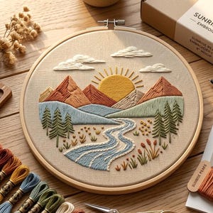 Op de afbeelding: Een ronde houten borduurring met een stoffen paneel met een geborduurd landschapsontwerp met een gele zon, oranje bergen, groene dennenbomen en een blauwe kronkelende rivier. De tekst SUNRISE PEAKS is zichtbaar op de verpakking.