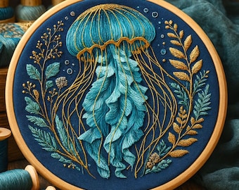 Jellyfish Embroidery Pattern – Modern Hand Embroidery Design with Teal & Gold Details for Beginners
