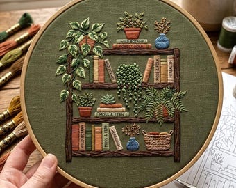 Botanical Bookshelf Embroidery Pattern, Cozy Plant Shelf Hoop Art (PDF Download)