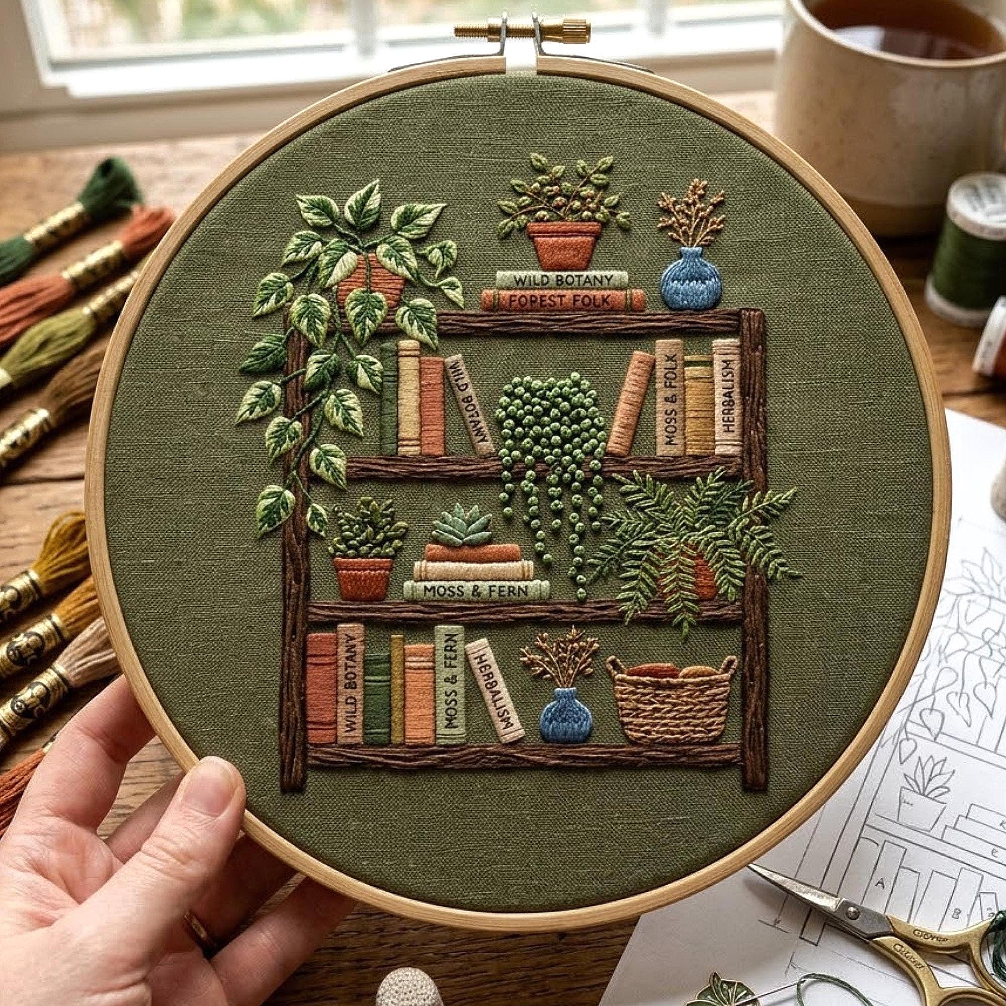 Botanical Bookshelf Embroidery Pattern, Cozy Plant Shelf Hoop Art (PDF ...