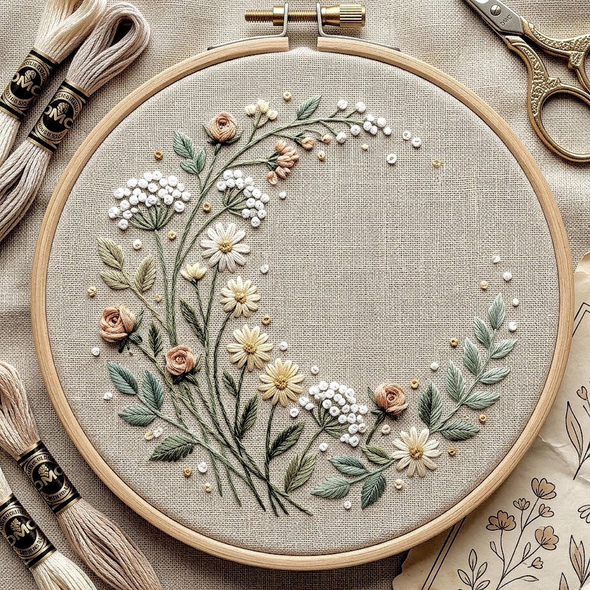 Minimalist Floral Wreath Embroidery Pattern, Botanical Hoop Art ...