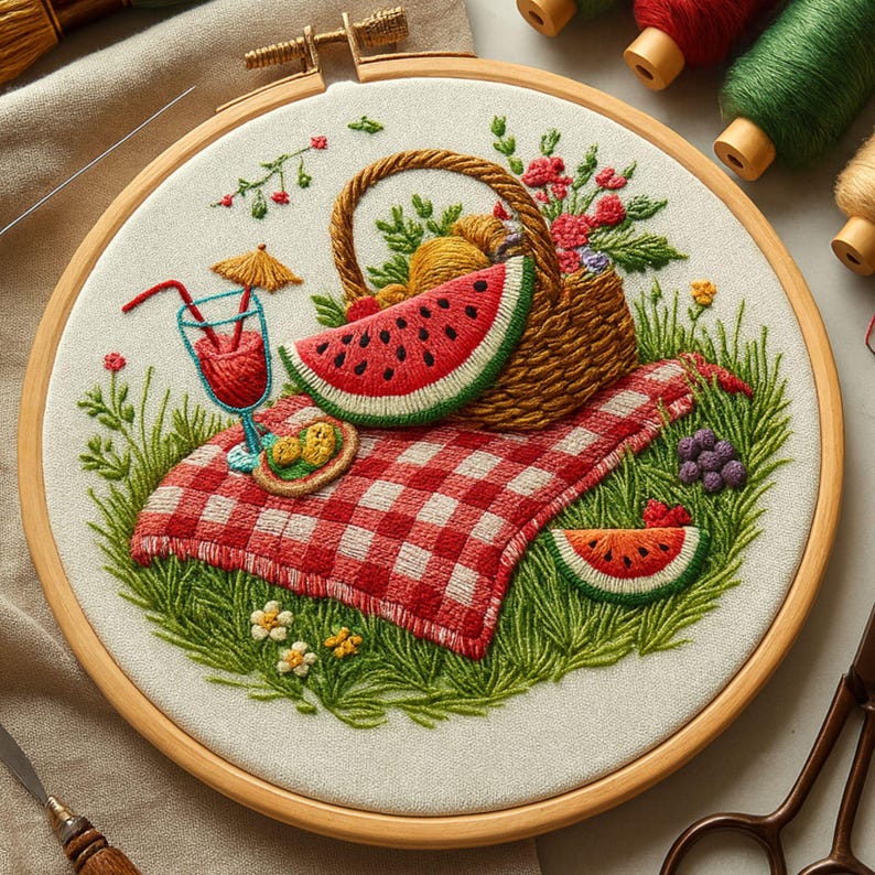 Summer Pinic Pattern Summer Picnic Embroidery Pattern: Modern Floral Hoop Art (PDF Design ...