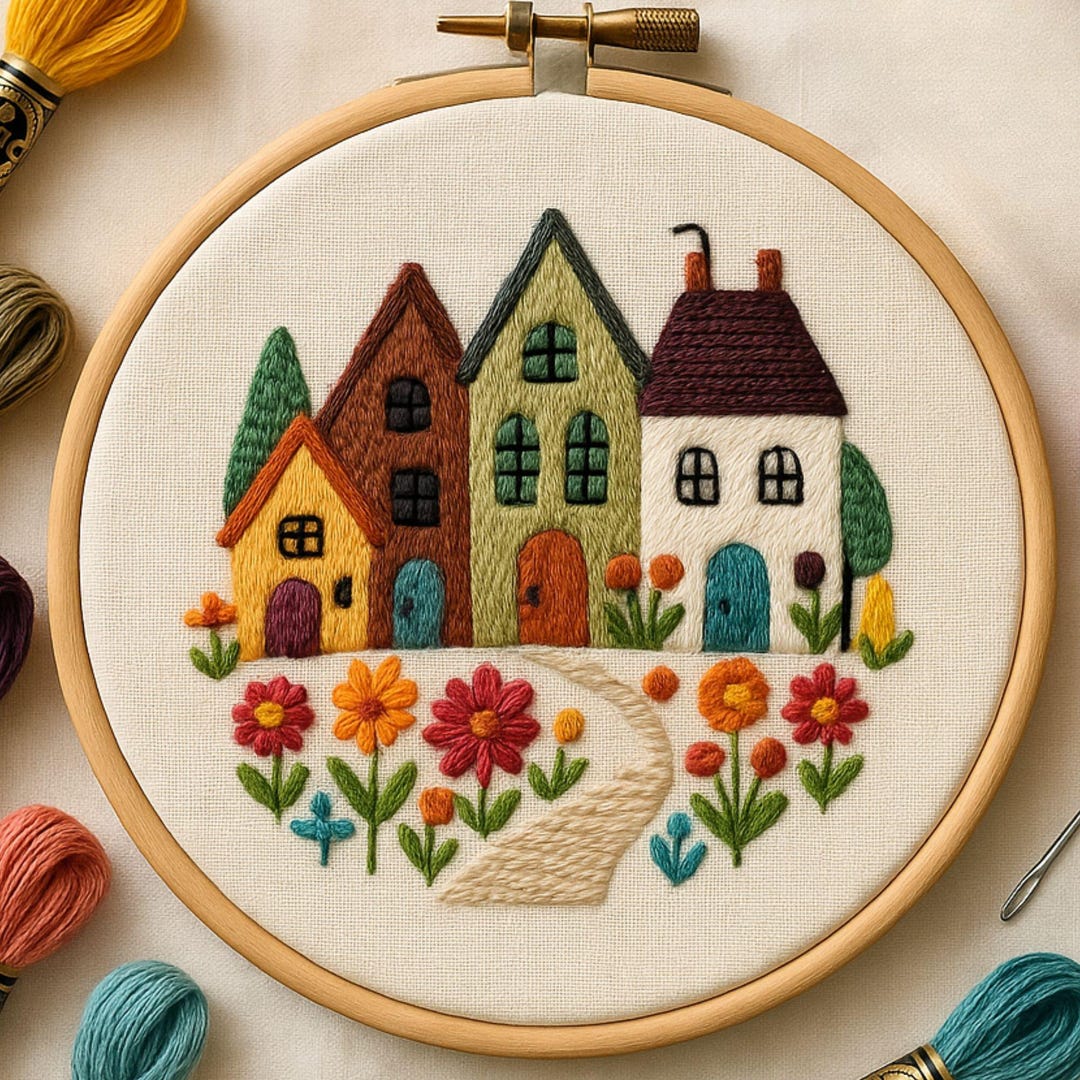 Beginner Village Embroidery Pattern • Colorful Cottage Hoop Art ...