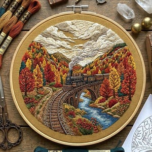 May include: A detailed embroidery of a train crossing a bridge through a colorful autumn landscape. The scene features a steam train, a river, and trees in shades of red, orange, and yellow, all within a round, tan embroidery hoop.