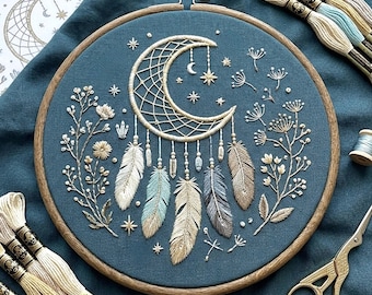 Celestial Moon Dreamcatcher Embroidery Pattern, Boho Feather Hoop Art, Modern Botanical Needlework Design