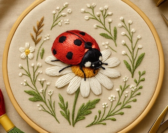 Marienkäfer & Gänseblümchen Hand Stickerei Muster: Anfänger Stickrahmen (PDF Download)