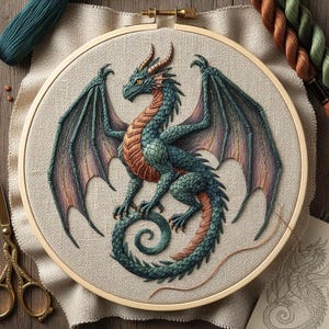 以下が含まれることがあります： 木製の枠に収められた、詳細な刺繍のドラゴン。 ドラゴンは、ターコイズ、オレンジ、紫の色合いで、翼を広げ、尾を丸めています。 刺繍はベージュ色の布に施されており、背景にはハサミと糸巻きがあります。