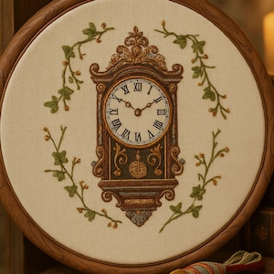 Puede incluir: Arte mural bordado con un diseño de reloj vintage. La esfera del reloj tiene números romanos y está enmarcada por un borde de madera detallado y ornamentado. El bordado floral verde y amarillo rodea el reloj.