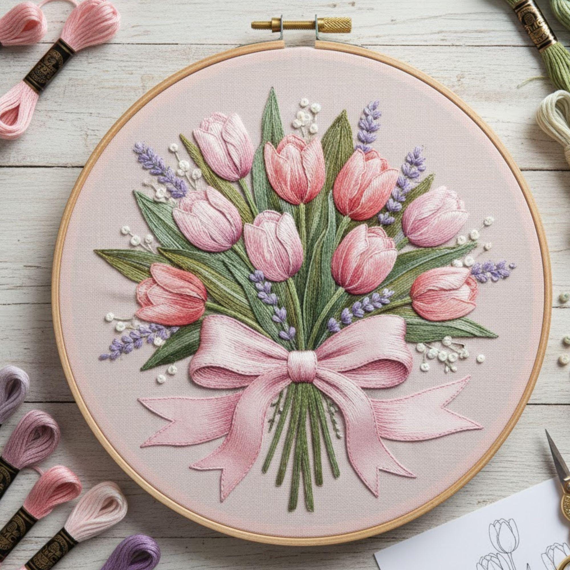 Pink Tulip Bouquet Embroidery Pattern, Floral Bow Hand Embroidery Hoop ...