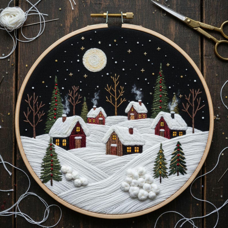 Night Winter Village Embroidery Pattern | Christmas Hoop Art PDF ...