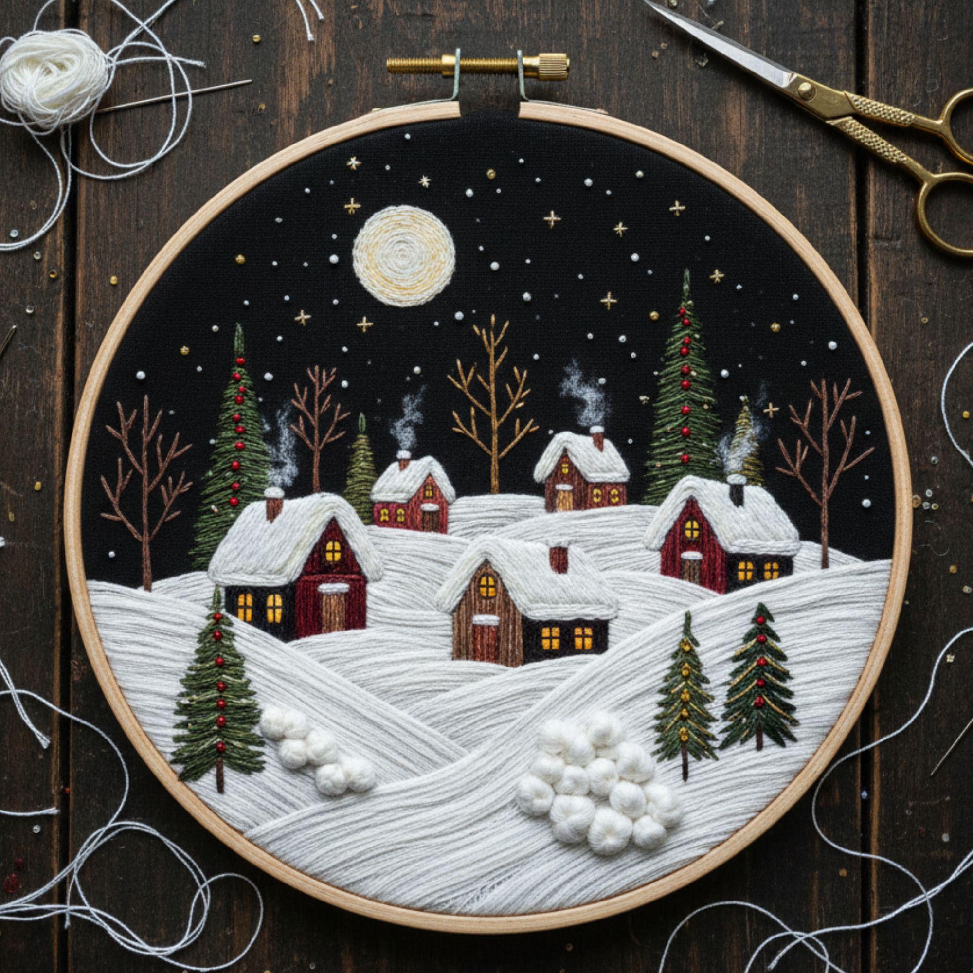 Night Winter Village Embroidery Pattern | Christmas Hoop Art PDF ...