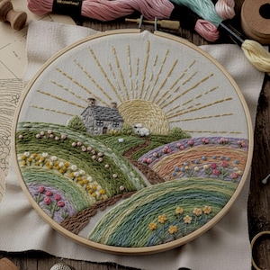 Puede incluir: Arte de bordado cosido a mano en un aro de madera. La escena representa un paisaje rural con una casa, ovejas y un sol naciente. El bordado utiliza varios colores de hilo para crear un efecto texturizado y tridimensional. El aro mide aproximadamente 20 cm de diámetro.