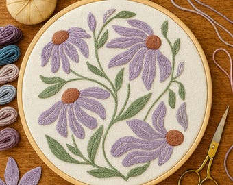 Lavender Floral Embroidery Pattern PDF – Modern Hand Embroidery Design, Beginner Hoop Art Instant Download
