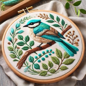 Bird on Branch Embroidery Pattern: Turquoise Feather DIY (Digital PDF)