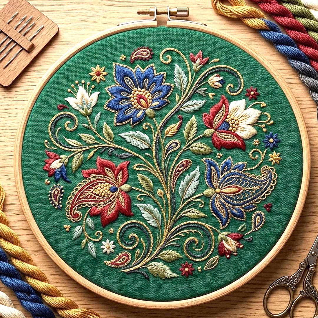 Vintage Botanical Floral Embroidery Pattern, Paisley Hoop Art Design ...