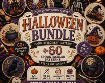 Puede incluir: Un paquete de patrones de bordado de Halloween con un letrero central con el texto HALLOWEEN BUNDLE, rodeado de bastidores circulares que muestran diseños espeluznantes como una casa embrujada, un fantasma, un gato, un esqueleto y una calabaza.