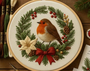 クリスマスのロビンリース刺繍パターン - ホリデーの手刺繍PDF（お祭りのフープアート用）