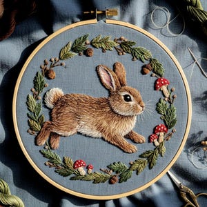 May include: Embroidered artwork featuring a brown rabbit in a running pose, surrounded by a wreath of green leaves, acorns, and red-capped mushrooms. The design is set against a light blue fabric within a wooden embroidery hoop.