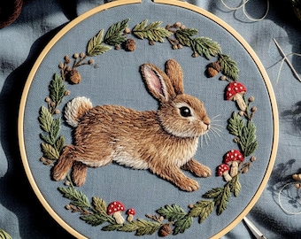 Woodland Bunny Embroidery Patterns | Hand Embroidery Hoop Art PDF | Beginner Forest Animal Design