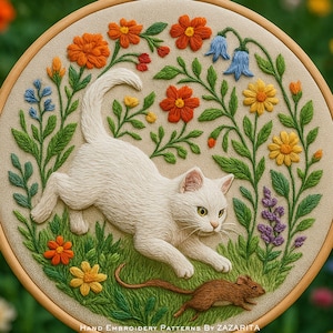 May include: Embroidered artwork featuring a white cat stalking a brown mouse amidst colorful flowers and green foliage. The design is set within a wooden embroidery hoop. The text "HAND EMBROIDERY PATTERNS BY ZAZARITA" is at the bottom.