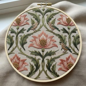 Botanical Bird Embroidery Pattern, William Morris Floral Wreath Design (Digital Download)