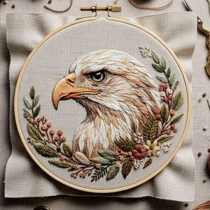 Puede incluir: Arte de aro bordado que presenta un retrato detallado de la cabeza de un águila. El águila está representada en tonos marrones, beige y blancos, con un pico y un ojo de color naranja llamativo. Una corona de hojas verdes y bayas rodea el águila, sobre una tela neutra.